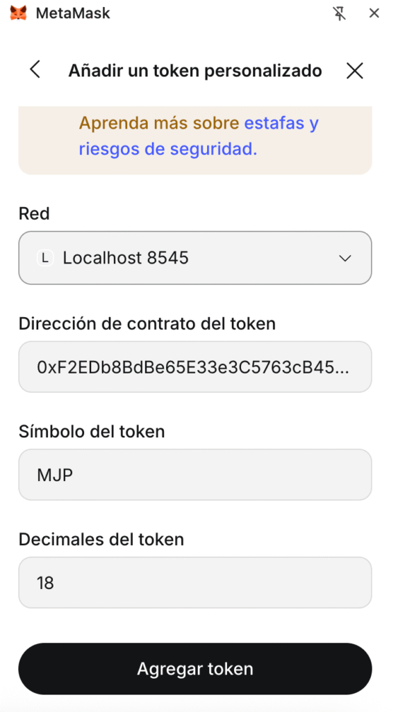 Captura de Metamask, donde se muestra el contrato, el simbolo del token y sus decimales