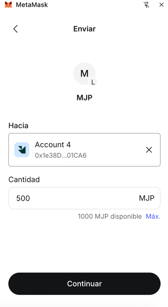 Captura de metamask donde se muestra la transferencia de 500 tokens