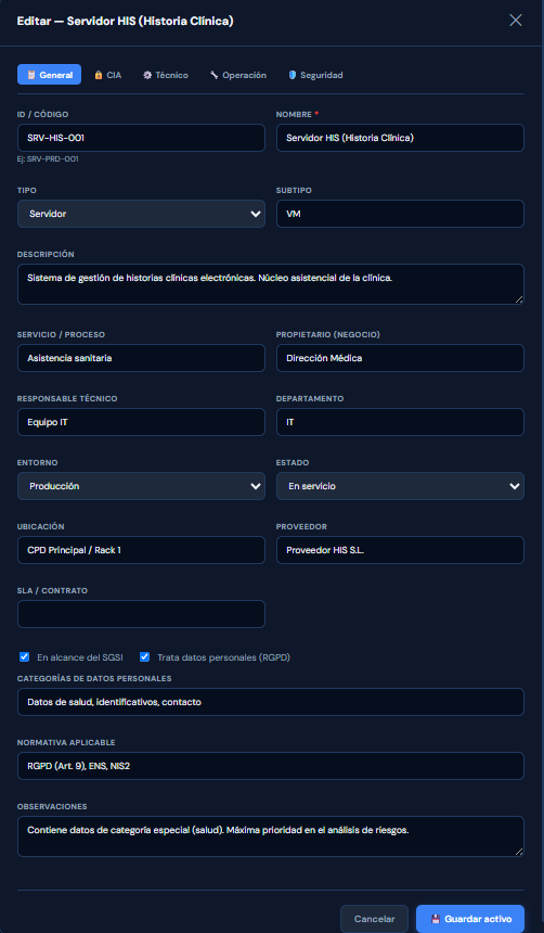 Inventario de activos, mostrando la información general del activo.