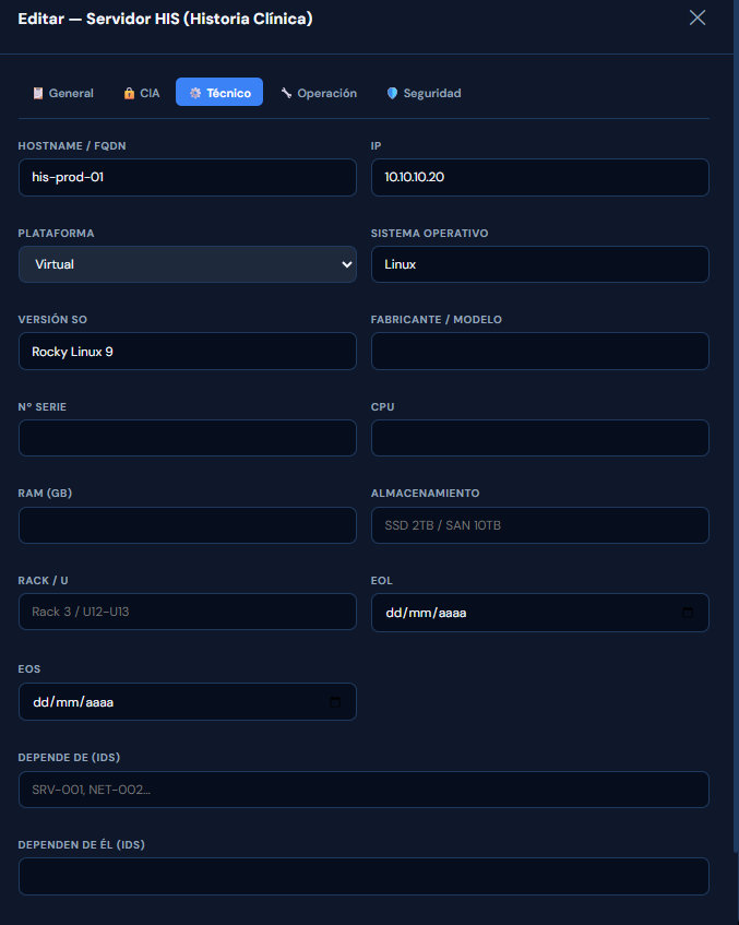 Inventario de activos, mostrando los detalles técnicos del activo.