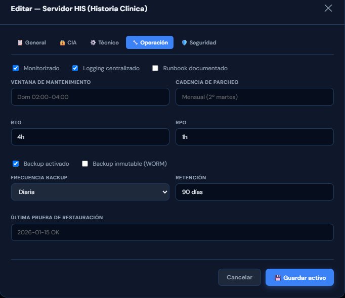 Inventario de activos, mostrando los detalles de operaciones del activo.