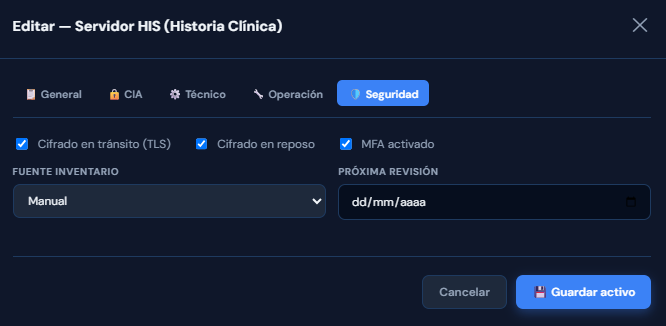 Inventario de activo, mostrando la información sobre seguridad del activo.